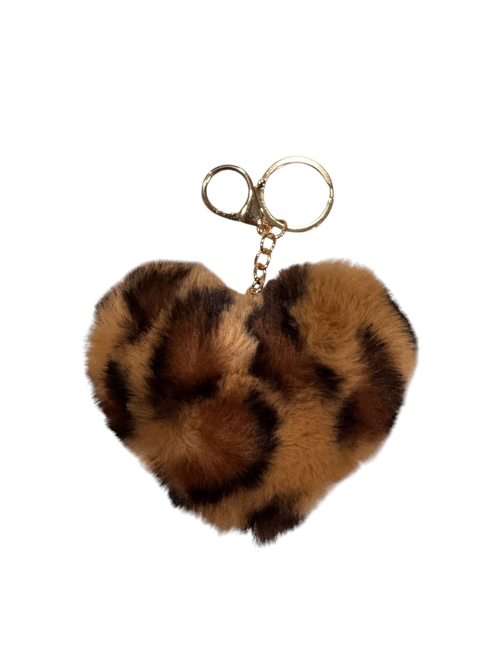 Leopard Print Heart Pom Keychain - Brown